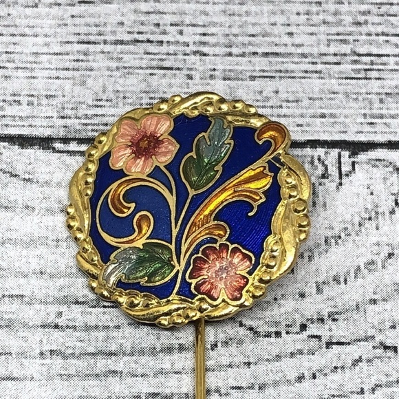 Vintage 𝅺cloisonne enamel gold long sweater jacket stick pin trendy statement - Picture 2 of 3